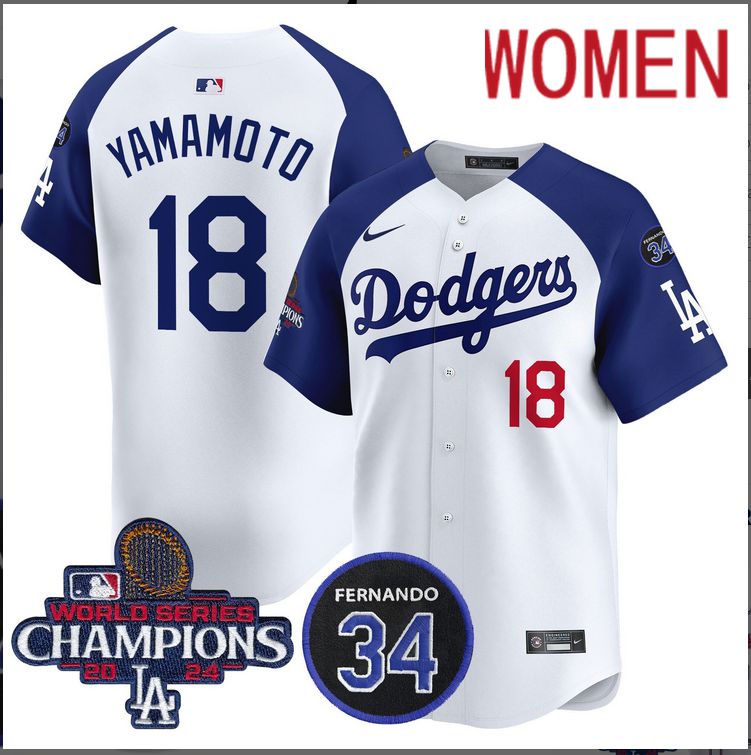Women MLB Los Angeles Dodgers #18 Yamamoto white 2024 World Series Champions Patch Limited Jersey style 2->women mlb jersey->Women Jersey